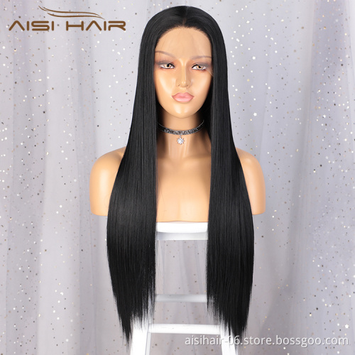 Aisi Hair New Design Long Silky Straight Black Wig Middle Part Swiss Lace Wig Synthetic Hair Lace Frontal Wigs For Black Women